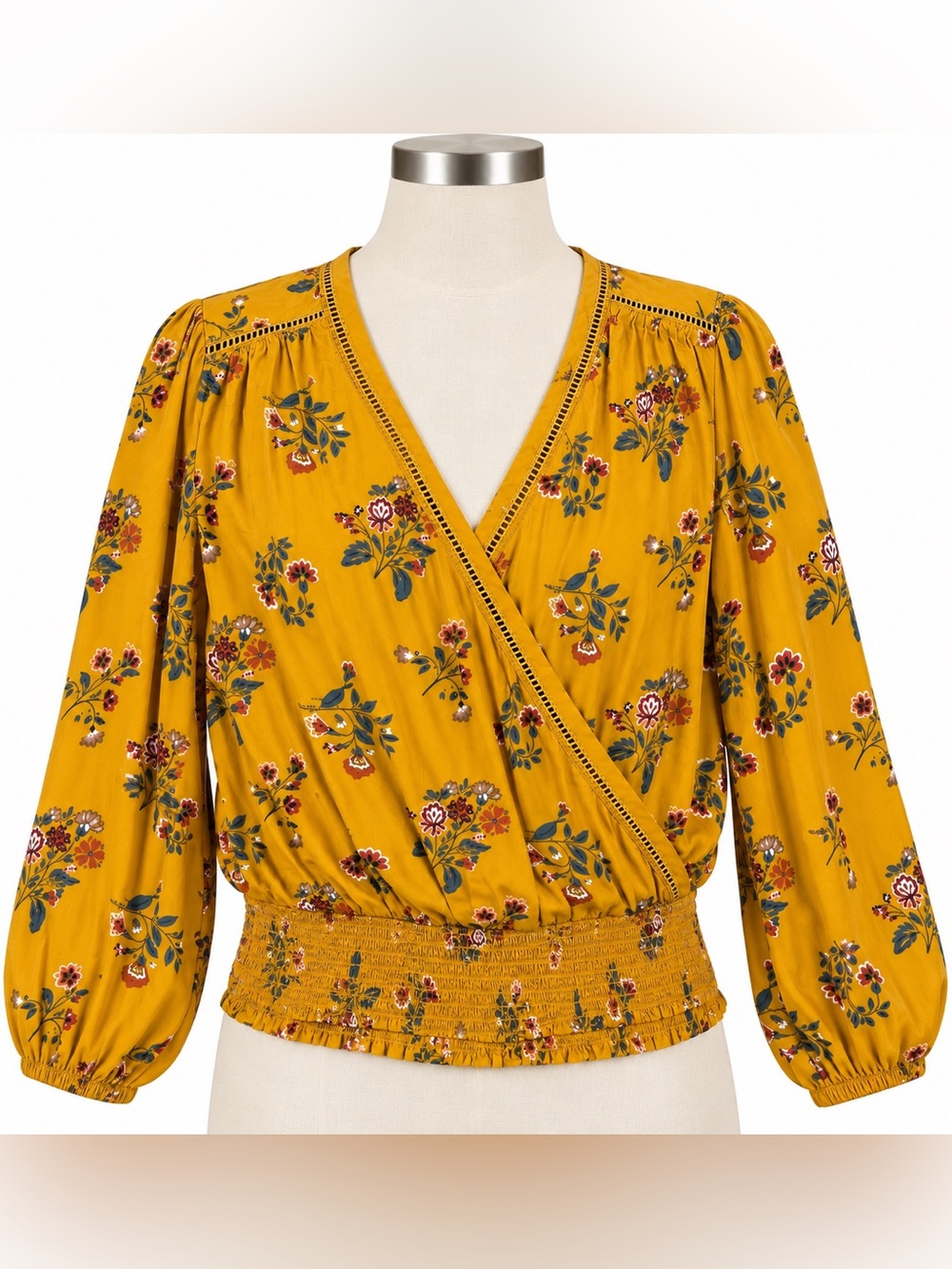 St. John's Bay Mustard Floral Wrap-Style Blouse Medium size